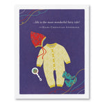 Illustration of a baby outfit with a red bonnet on a purple card with a quote by Hans Christian Andersen. Available at Be Charmed