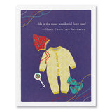 Illustration of a baby outfit with a red bonnet on a purple card with a quote by Hans Christian Andersen. Available at Be Charmed