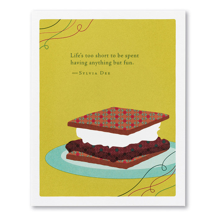 A greeting card with an illustration of a sandwich on a plate, with a green background and a quote by Sylvia Dea. Available at Be Charmed
