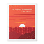 A greeting card with an orange and red design, featuring a quote by Romy Schindler and a silhouette of a sunset over a hill. Available at Be Charmed