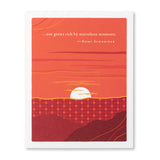 A greeting card with an orange and red design, featuring a quote by Romy Schindler and a silhouette of a sunset over a hill. Available at Be Charmed