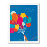 Colorful balloons against a blue card with a quote by May Sarton. Available at Be Charmed