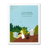 Illustration of a garden scene with text on a blue background. Available at Be Charmed