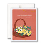Greeting card with a basket of flowers and a quote on a red background. Available at Be Charmed