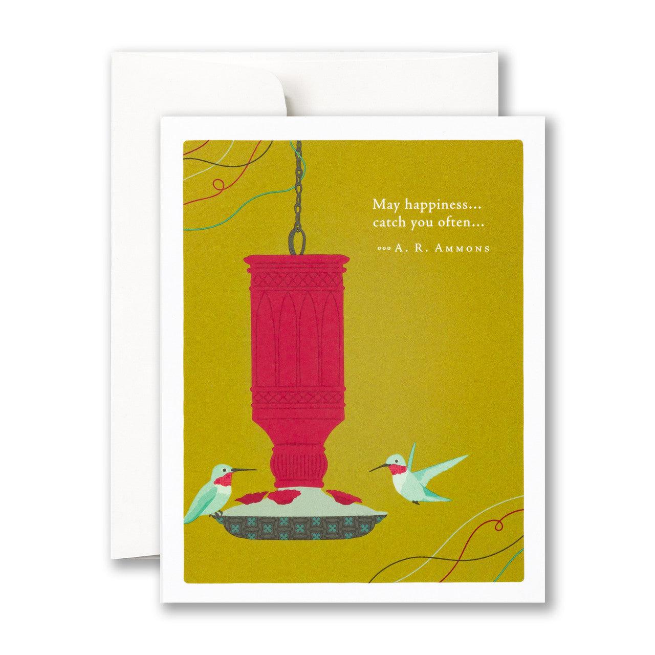 Greeting card with a pink bird feeder and hummingbirds on a yellow background, featuring a quote. Available at Be Charmed