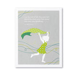 A birthday card with a gray background and green floral patterns, featuring an illustration of a girl with a green scarf dancing on a wave, along with the text 'Enjoy the end of the day your feet and your eyes sparkling' by Anonymous. Available at Be Charmed