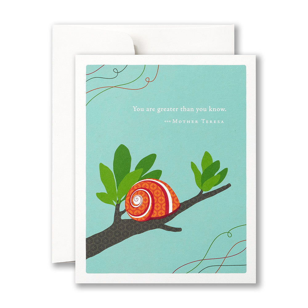 Greeting card with a snail on a branch and a quote by Mother Teresa against a light blue background. Available at Be Charmed