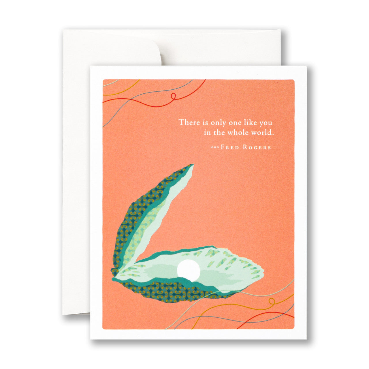 Greeting card with a quote by Fred Rogers and an illustration of a green leaf on a peach background. Available at Be Charmed
