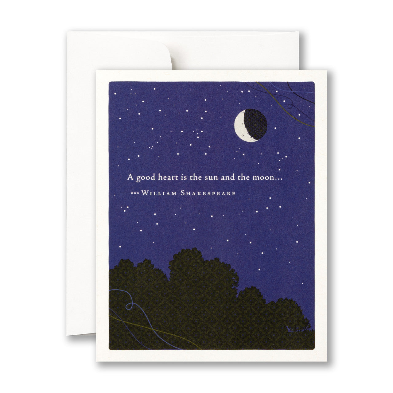 Greeting card with moon and stars design and Shakespeare quote on a blue background. Available at Be Charmed