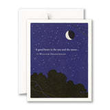 Greeting card with moon and stars design and Shakespeare quote on a blue background. Available at Be Charmed