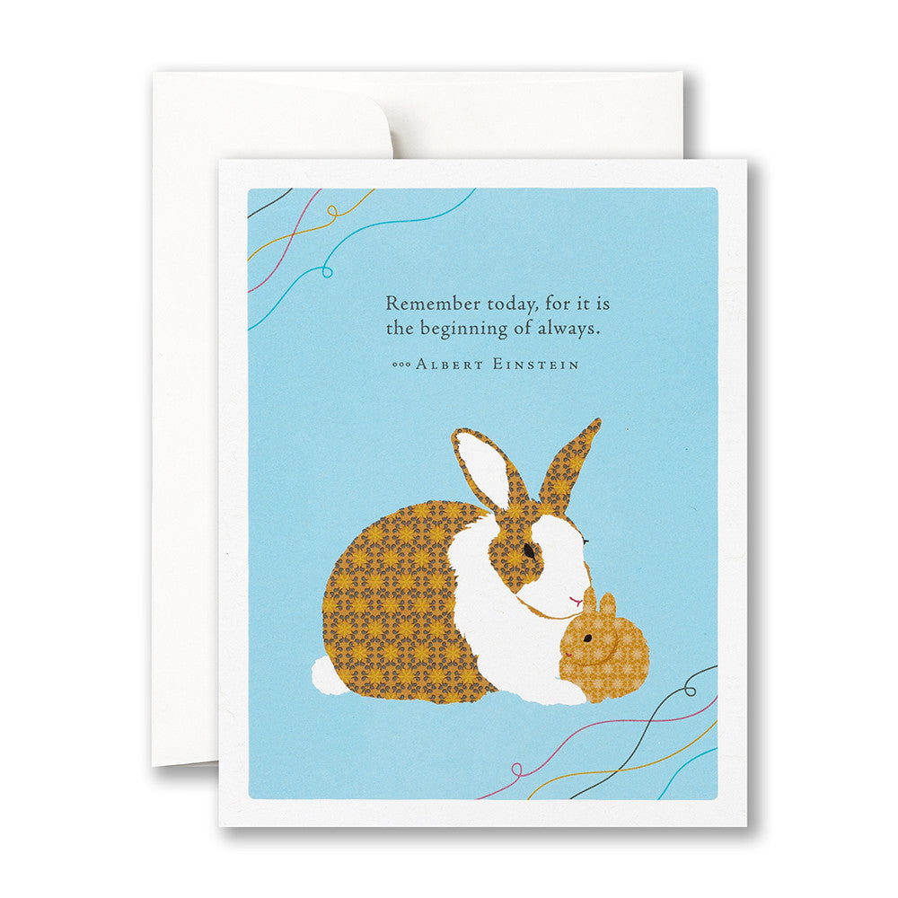 Greeting card with a rabbit illustration and a quote by Albert Einstein on a blue background. Available at Be Charmed