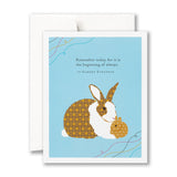 Greeting card with a rabbit illustration and a quote by Albert Einstein on a blue background. Available at Be Charmed