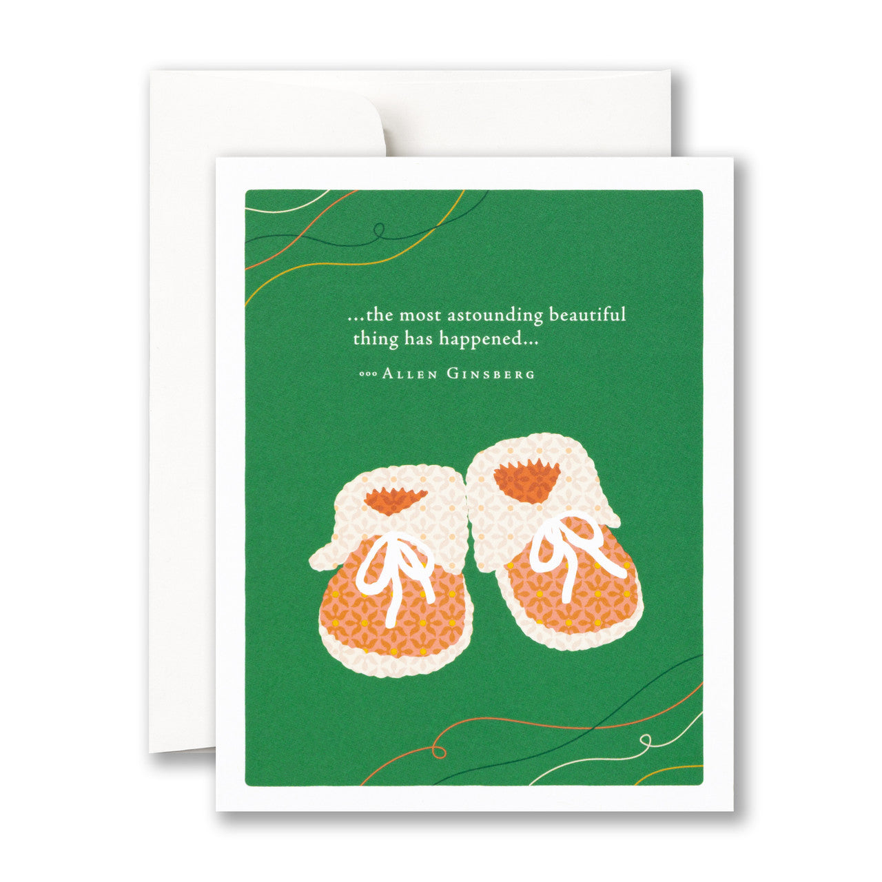 Greeting card with baby booties illustration and Allen Ginsberg quote on green background. Available at Be Charmed