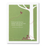 A greeting card with a tree and birds design, featuring a quote by Antoine de Saint-Exupery. Available at Be Charmed