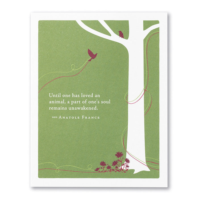 A greeting card with a tree and birds design, featuring a quote by Antoine de Saint-Exupery. Available at Be Charmed