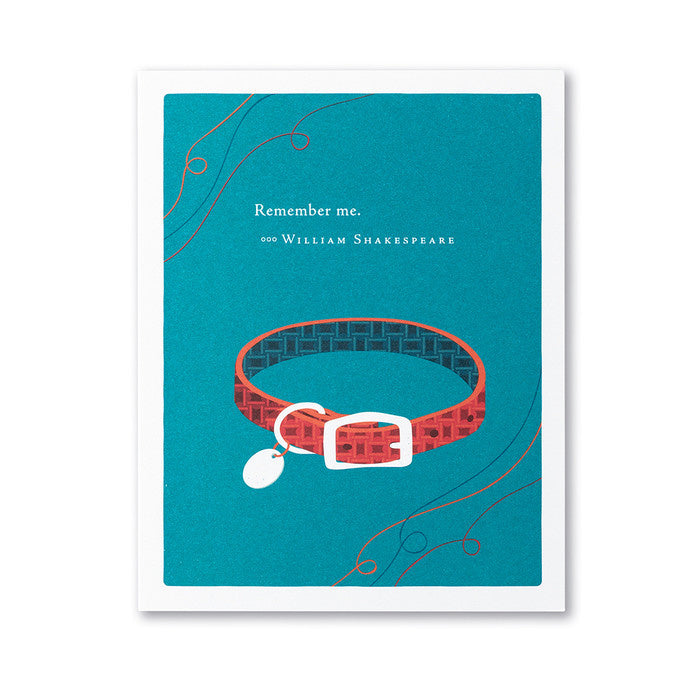 A greeting card with an illustration of a red and white striped pet collar, accompanied by a quote and a green tip. Available at Be Charmed