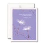 Greeting card with dandelion illustrations and a quote on a purple background. Available at Be Charmed