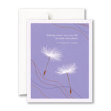 Greeting card with dandelion illustrations and a quote on a purple background. Available at Be Charmed