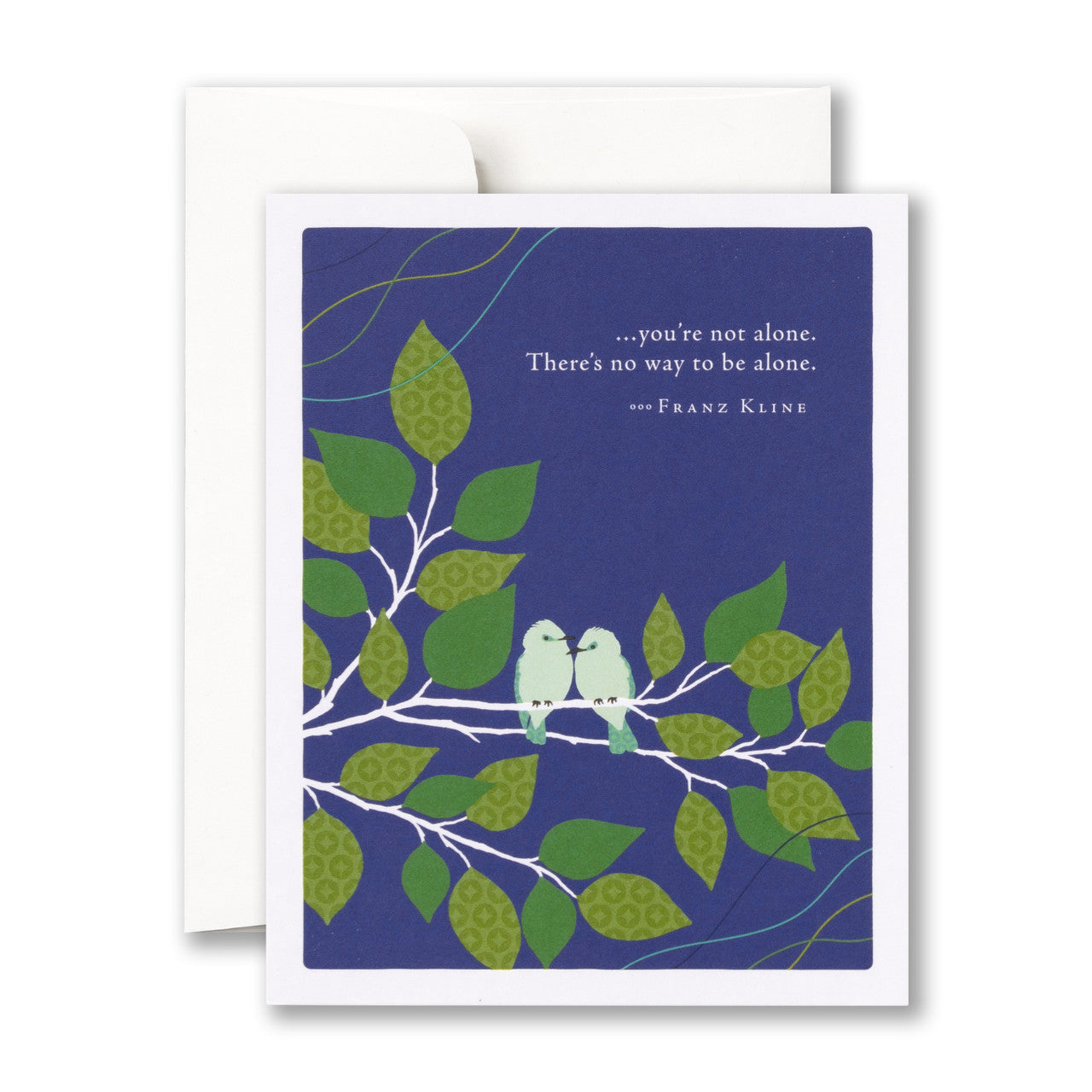 Greeting card with birds on a branch and leaves against a blue background, featuring a quote by Franz Kline. Available at Be Charmed 