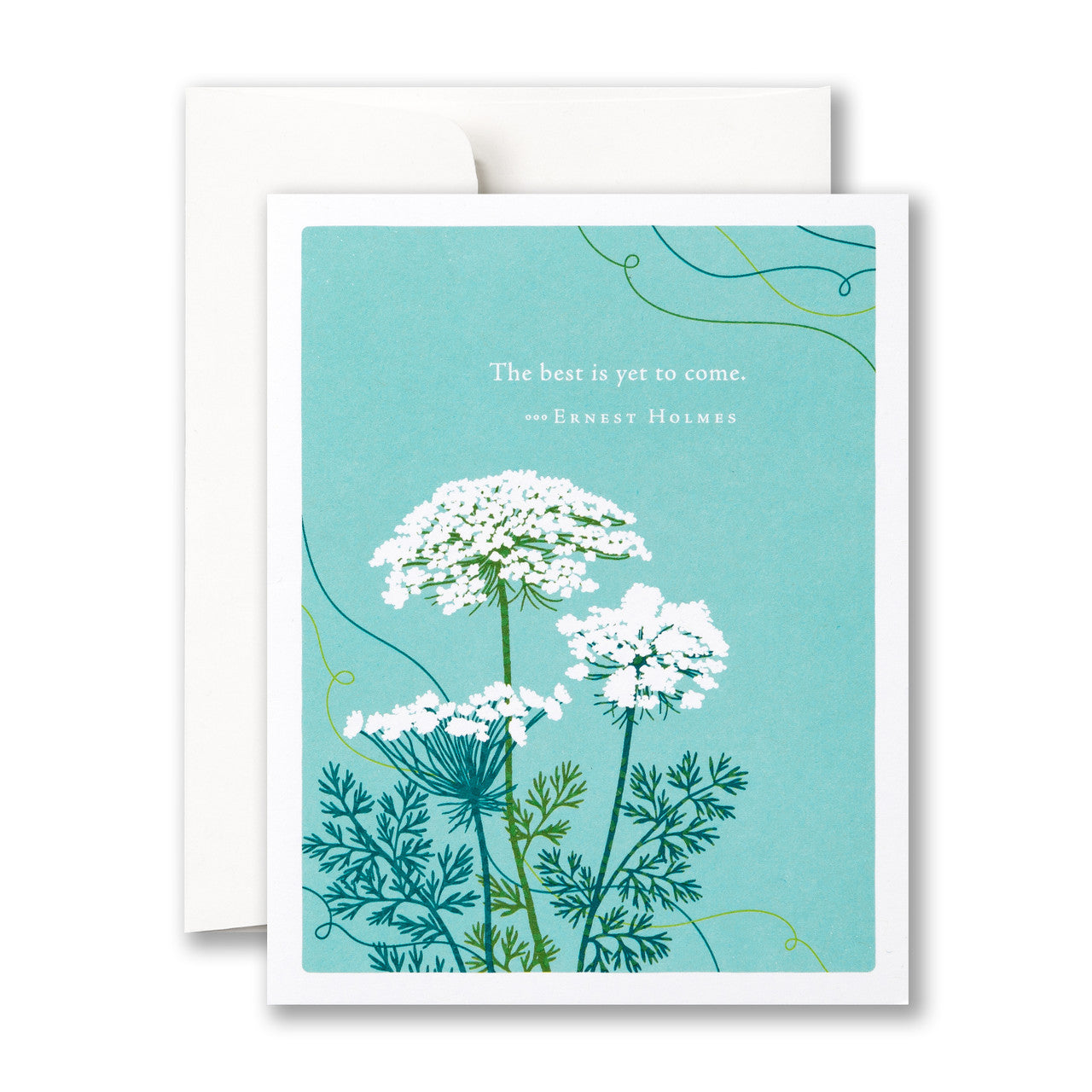 Greeting card with white flowers and green leaves on a blue background, featuring a quote by Ernest Holmes. Available at Be Charmed