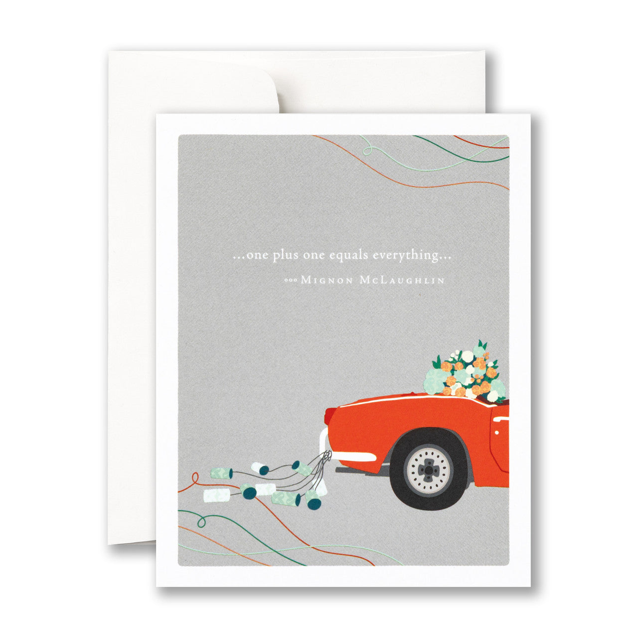 Greeting card with a red car illustration and a quote on a gray background. Available at Be Charmed