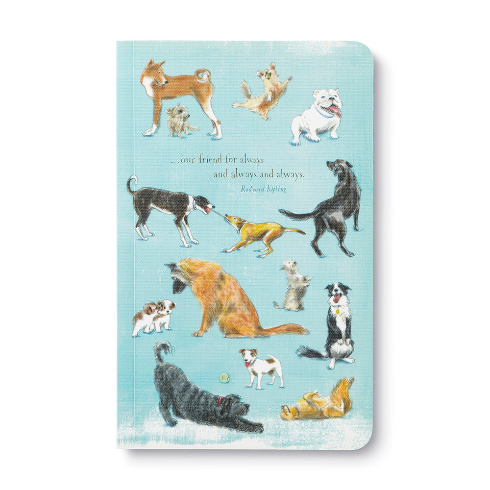 Journal cover with illustrations of dogs on a light blue background. Available at Be Charmed