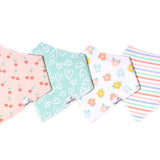 Copper Pearl Cheery Bandana Bib Set featuring absorbent cotton front and soft fleece back, adjustable for babies 0-36 months. Available at Be Charmed.