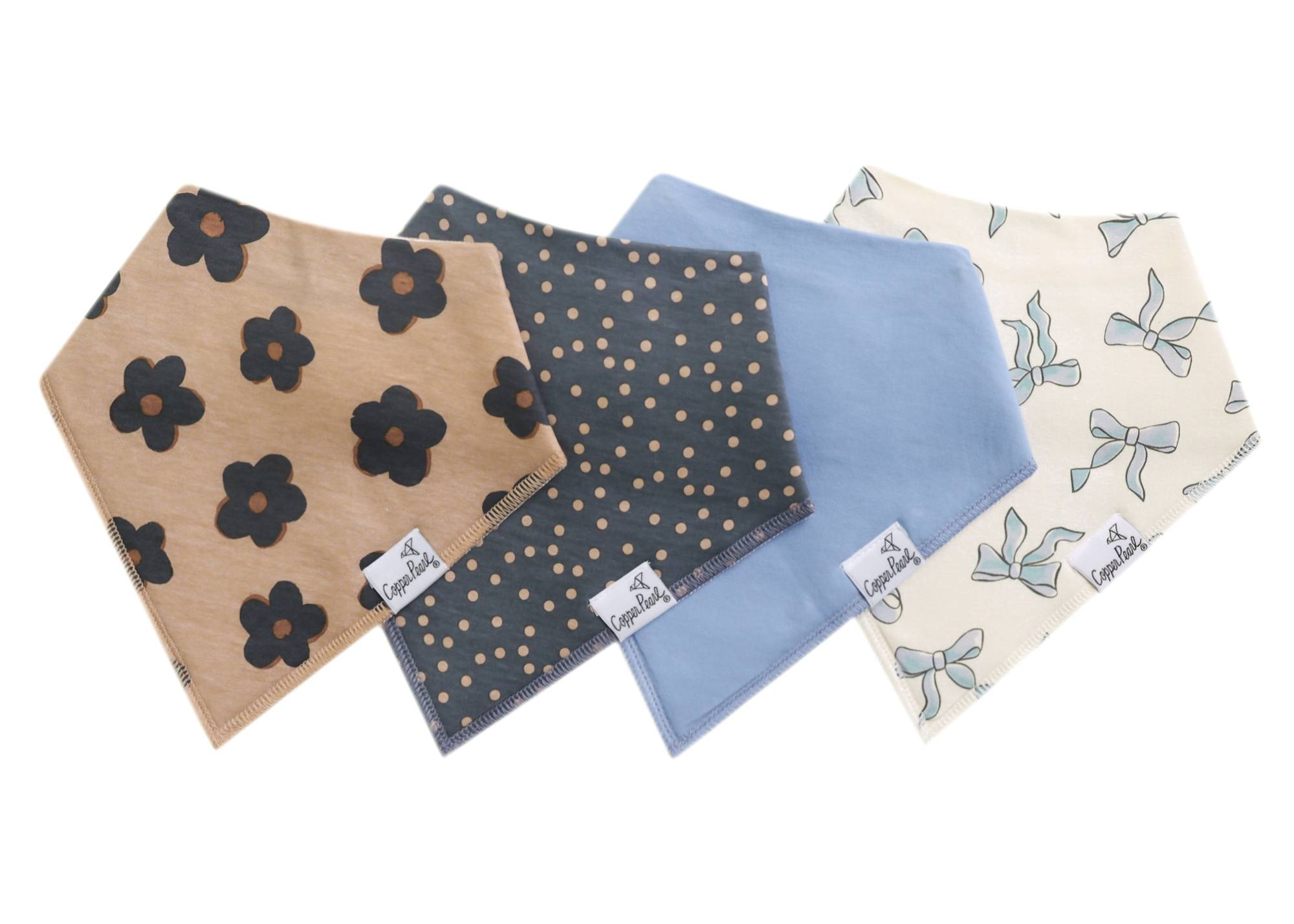 Three-bandana bib set in Gemma Tan print by Copper Pearl—soft cotton, snap closures, double-layer absorbency—Available at Be Charmed