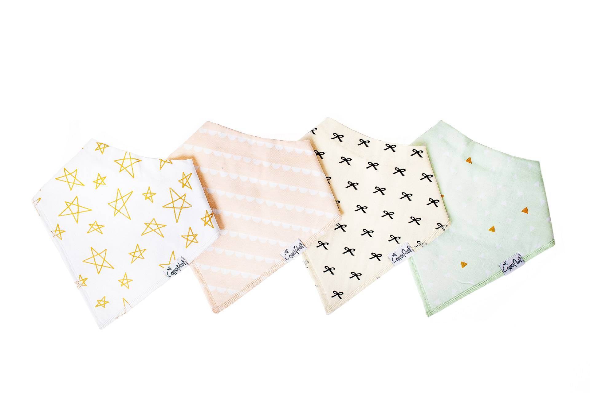 Soft cotton bandana bib set in Paris Baby print featuring three bibs with secure snap closures and double-layer absorbency—Available at Be Charmed