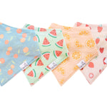 Copper Pearl Clementine Bandana Bib Set featuring absorbent cotton front and soft fleece back, adjustable for babies 0-36 months. Available at Be Charmed.