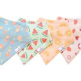Copper Pearl Clementine Bandana Bib Set featuring absorbent cotton front and soft fleece back, adjustable for babies 0-36 months. Available at Be Charmed.