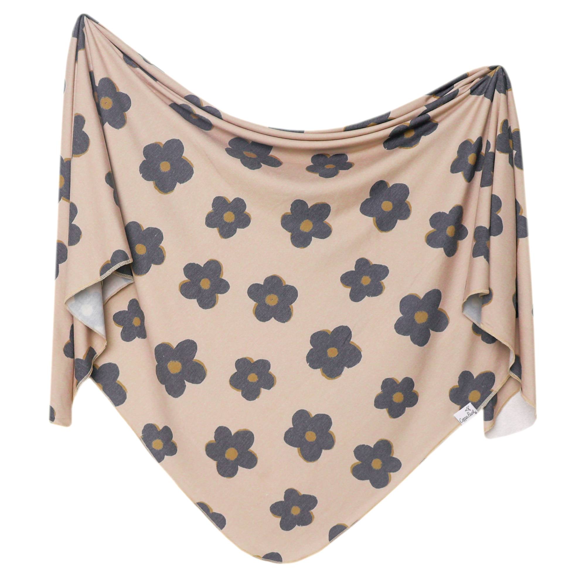 opper Pearl Knit Swaddle Blanket in Gemma Tan – ultra-soft, stretchy swaddle for newborns in a stylish tan floral print, perfect for cozy wraps, nursing, and stroller use. A must-have baby essential, available at Be Charmed.