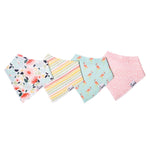 Copper Pearl Leilani Bandana Bib Set featuring absorbent cotton front and soft fleece back, adjustable for babies 0-36 months. Available at Be Charmed.