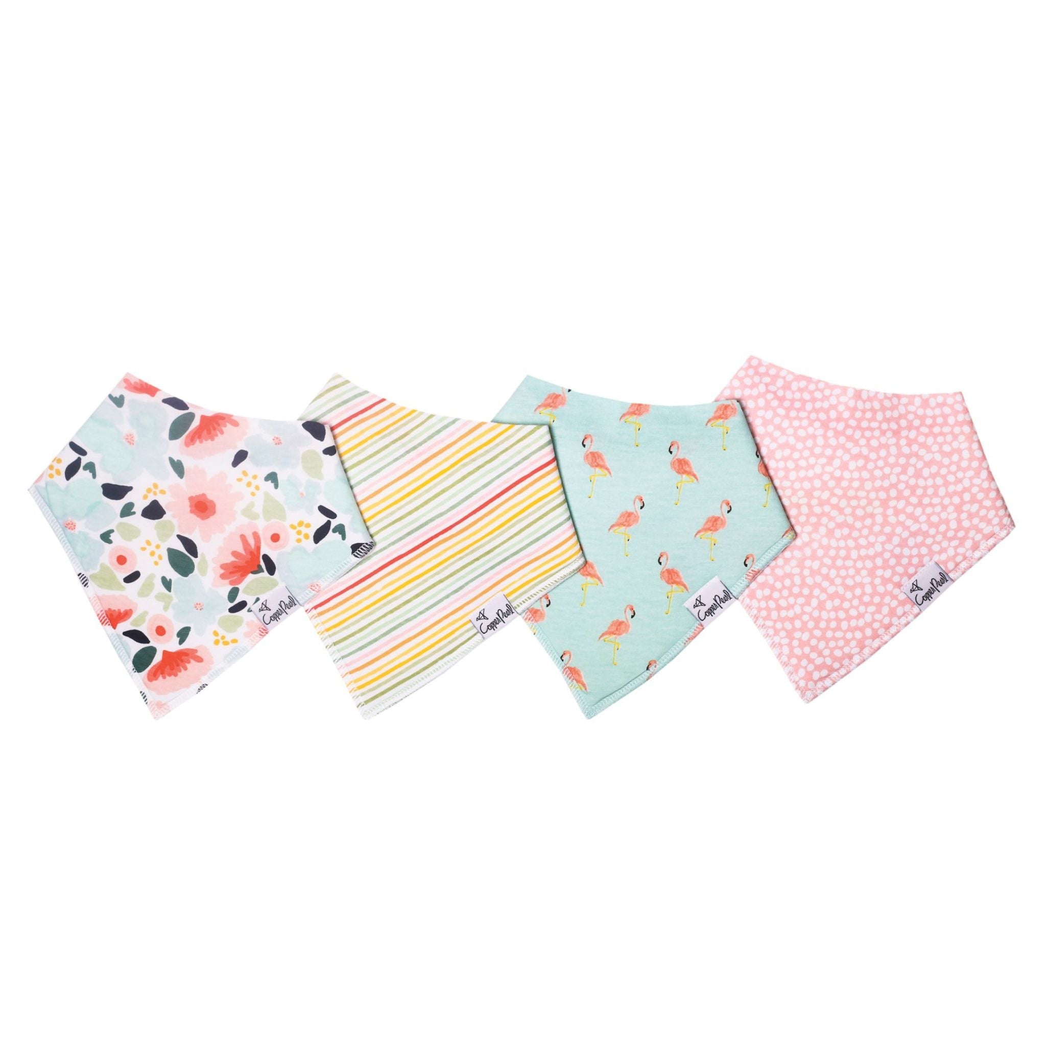 Copper Pearl Leilani Bandana Bib Set featuring absorbent cotton front and soft fleece back, adjustable for babies 0-36 months. Available at Be Charmed.