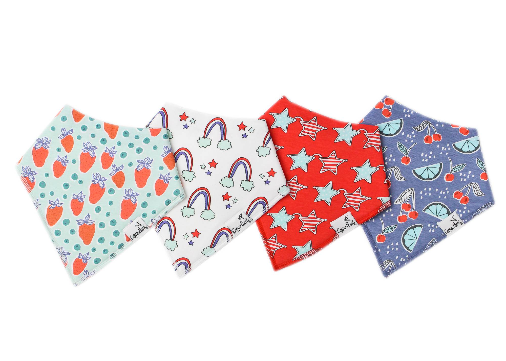 Copper Pearl Liberty Bandana Bib Set featuring stylish, absorbent bibs for teething babies, available at Be Charmed.