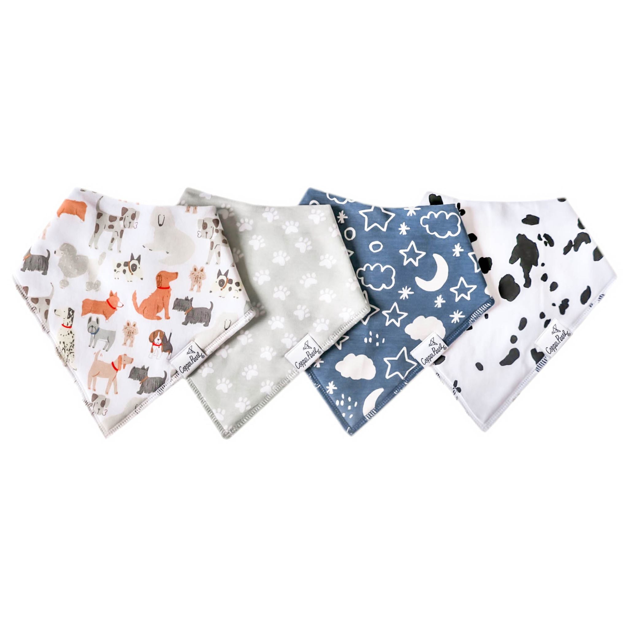 Copper Pearl Rufus Bandana Bib Set featuring absorbent cotton front and soft fleece back, adjustable for babies 0-36 months. Available at Be Charmed.