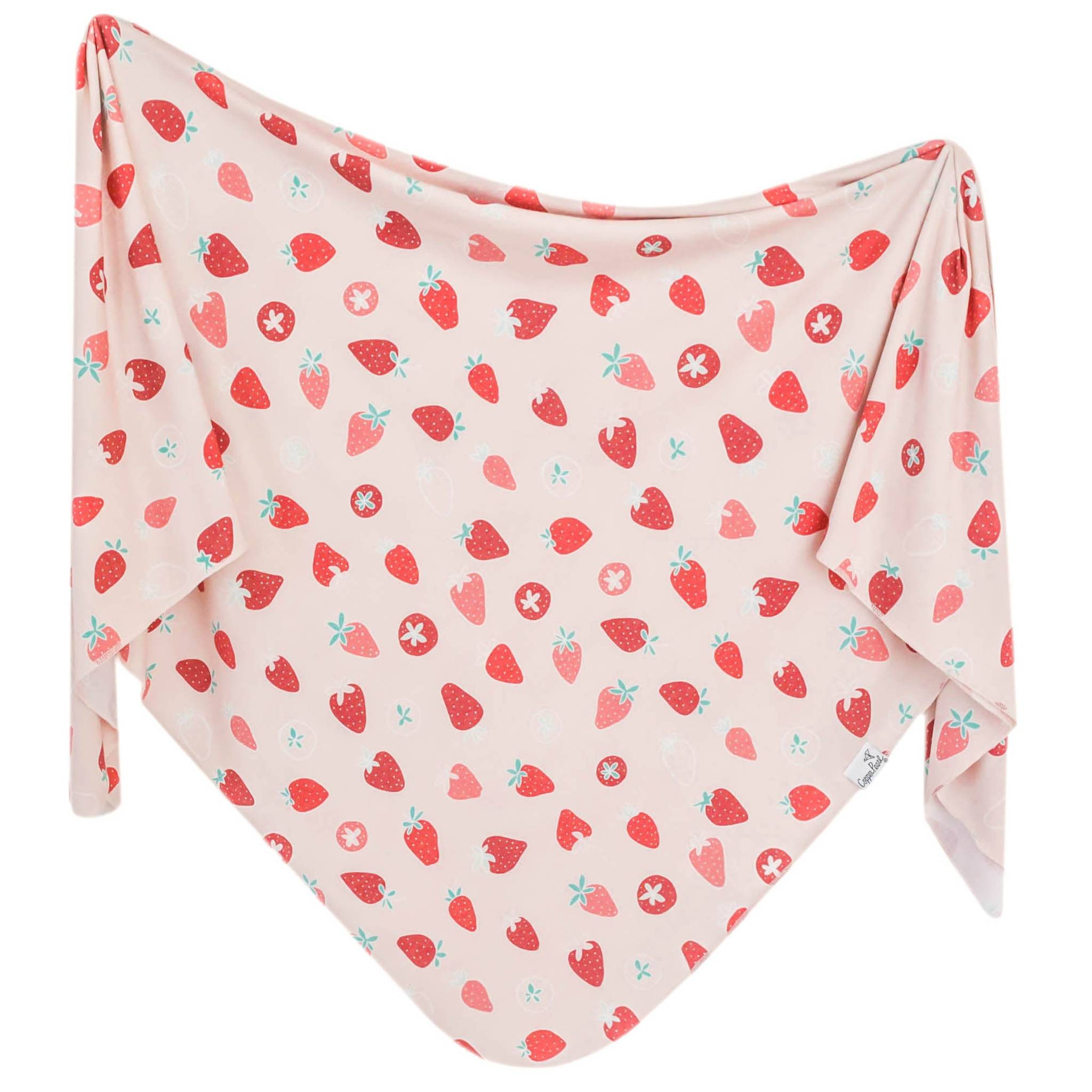 Copper Pearl Strawberry Knit Swaddle Blanket featuring soft, breathable, and stretchy fabric, perfect for newborns. Available at Be Charmed.