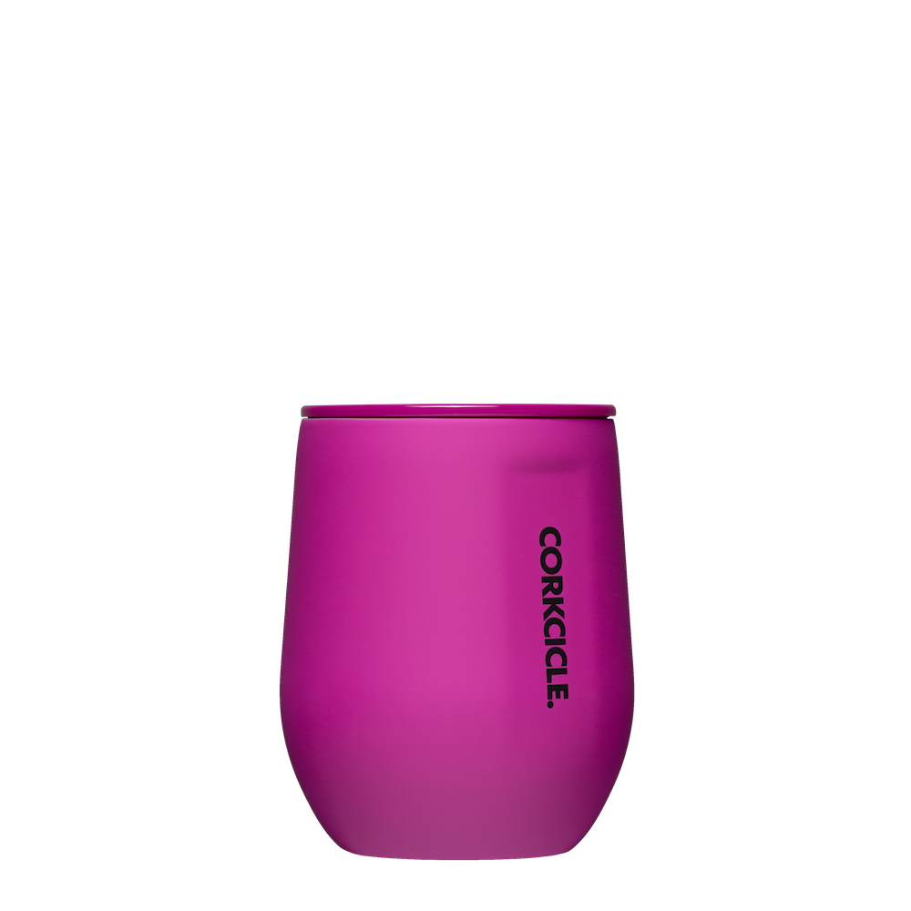 Corkcicle 12oz Stemless Tumbler in Berry Punch – vibrant pink-purple triple-insulated drinkware with a bold, glossy finish. Keeps drinks hot for 3 hours or cold for 9+, perfect for wine, cocktails, or coffee. Stylish and spill-resistant, available at Be Charmed.