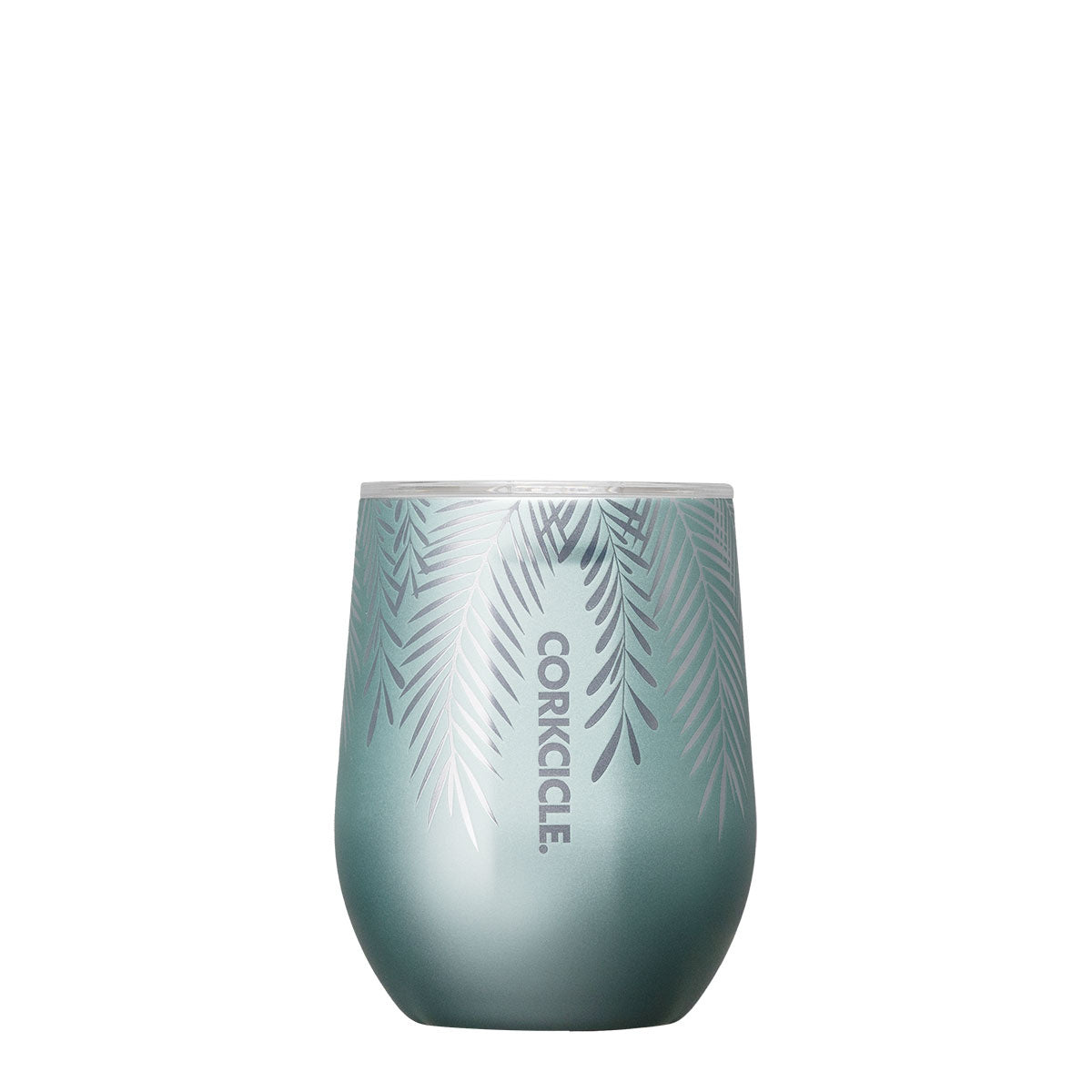 Charmed Corkcicle 12oz Stemless in Frosted Pines Jade – elegant insulated stemless cup featuring a frosted jade green finish. Triple-insulated with stainless steel construction keeps beverages cold or hot for hours. Perfect for wine, cocktails, or everyday drinks. Available at Be Charmed.