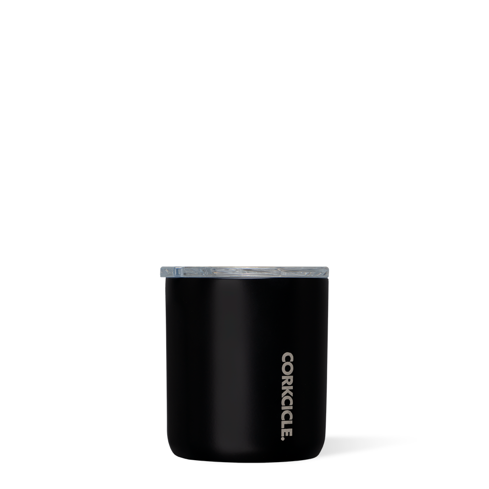 Corkcicle 12oz Buzz Cup in Matte Black – sleek, triple-insulated stainless steel cup with a matte black finish, designed for hot coffee or chilled cocktails. Includes a spill-resistant lid and maintains drink temperature for hours. Stylish and durable—available at Be Charmed.