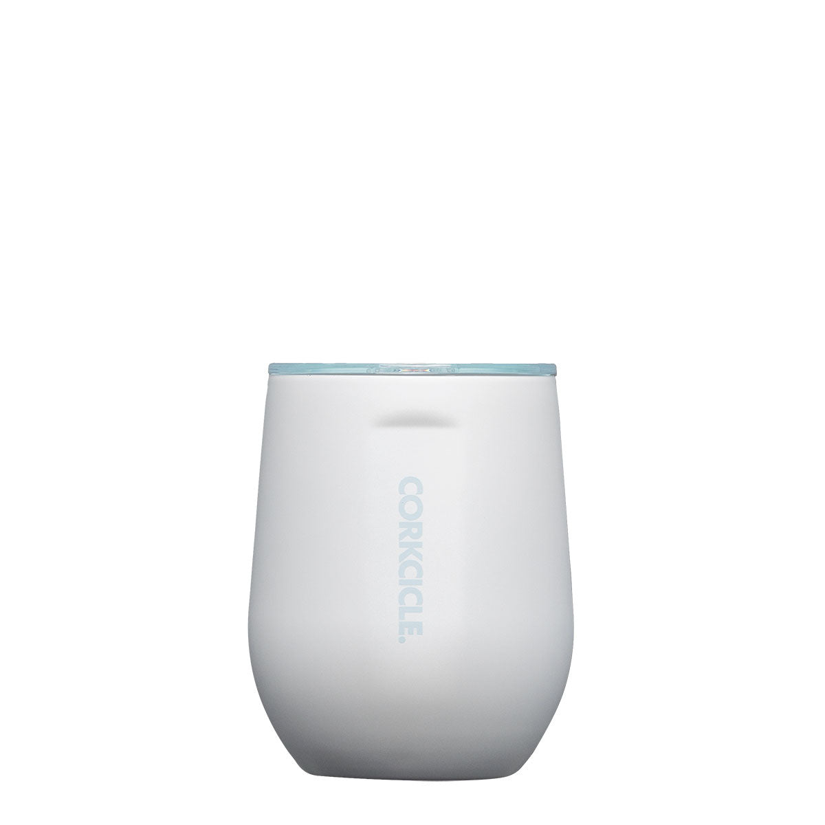 Corkcicle 12oz Ceramic Stemless in White and Powder Blue – elegant triple-insulated stemless cup with a smooth ceramic-coated interior and glossy white exterior accented by a soft powder blue base. Keeps drinks cold for 9+ hours or hot for 3+. Perfect for wine, coffee, or cocktails with a refined touch. Available at Be Charmed.