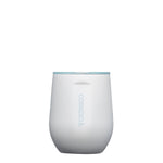 Corkcicle 12oz Ceramic Stemless in White and Powder Blue – elegant triple-insulated stemless cup with a smooth ceramic-coated interior and glossy white exterior accented by a soft powder blue base. Keeps drinks cold for 9+ hours or hot for 3+. Perfect for wine, coffee, or cocktails with a refined touch. Available at Be Charmed.