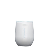 Corkcicle 12oz Ceramic Stemless in White and Powder Blue – elegant triple-insulated stemless cup with a smooth ceramic-coated interior and glossy white exterior accented by a soft powder blue base. Keeps drinks cold for 9+ hours or hot for 3+. Perfect for wine, coffee, or cocktails with a refined touch. Available at Be Charmed.