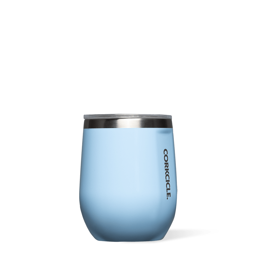 Corkcicle 12oz Stemless in Baby Baby Blue—insulated wine tumbler with sliding lid and soft-touch finish. Available at Be Charmed.