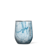Corkcicle 12oz Stemless in Blue Marble – triple-insulated stainless steel tumbler with an elegant blue marbled design, glossy finish, and clear, spill-resistant lid. Keeps beverages cold for 9+ hours or hot for 3+. Ideal for wine, cocktails, or coffee. Available at Be Charmed.