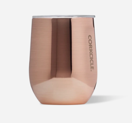 Corkcicle 12oz Stemless insulated tumbler in metallic Copper finish with triple-wall insulation, sliding spill-resistant lid, stainless steel body, ergonomic shape, and flat silicone base. Keeps drinks hot or cold. Available at Be Charmed.