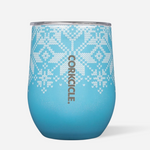 Corkcicle 12oz Stemless in Fairisle Blue – triple-insulated stainless steel tumbler with a festive Fairisle sweater pattern in wintry blue and white. Includes a clear, spill-resistant lid. Keeps beverages cold for 9+ hours or hot for 3+. Perfect for holiday sipping or cozy winter drinks. Available at Be Charmed.