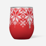 Corkcicle 12oz Stemless Tumbler in Fairisle Red – triple-insulated stainless steel wine cup with festive holiday print, keeps drinks hot or cold, ideal for seasonal sipping and gifting, available at Be Charmed.