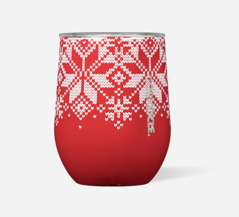 Corkcicle 12oz Stemless Tumbler in Fairisle Red – triple-insulated stainless steel wine cup with festive holiday print, keeps drinks hot or cold, ideal for seasonal sipping and gifting, available at Be Charmed.