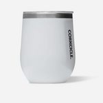 Corkcicle 12oz Stemless in Gloss White – elegant triple-insulated stainless steel tumbler with a polished white gloss finish. Includes a clear, spill-resistant lid. Keeps drinks cold for 9+ hours or hot for 3+. A versatile and sophisticated cup for wine, coffee, or cocktails. Available at Be Charmed.